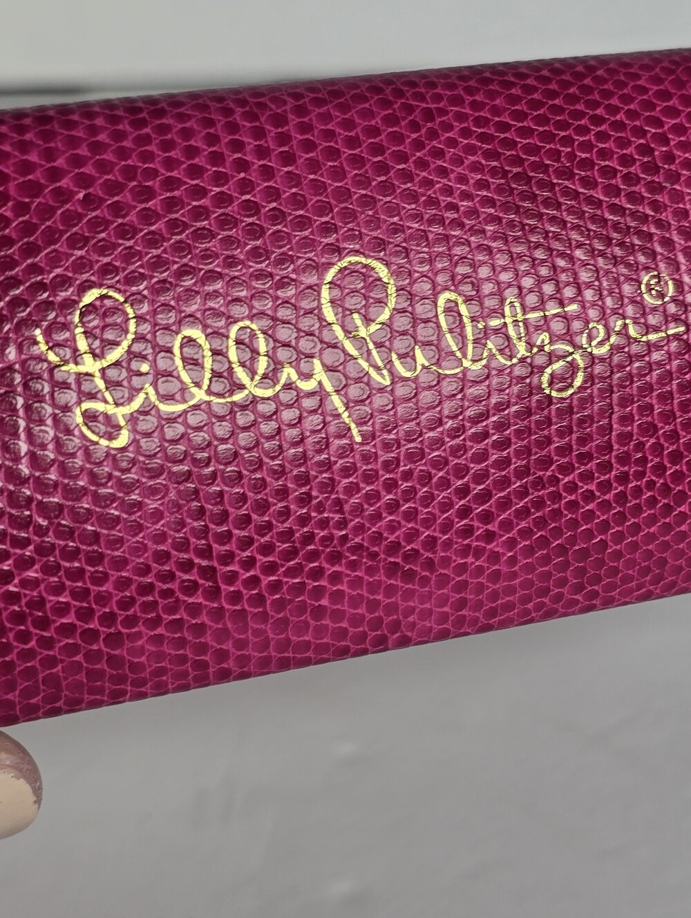 Lilly Pulitzer Bright Pink Textured Hard Clamshell Eyeglass Case Gold Lettering